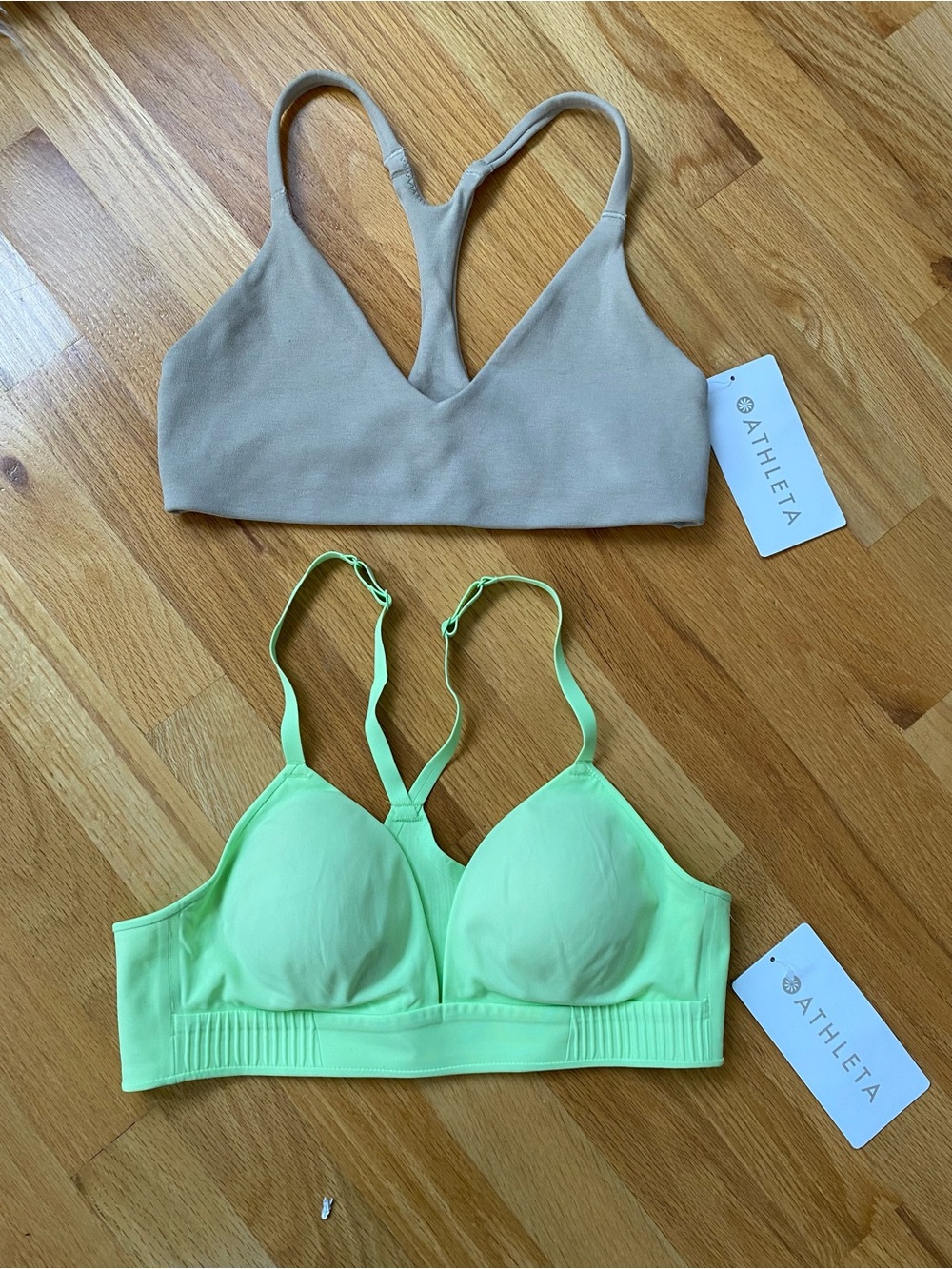 Athleta NEW Khaki V‑Neck Bra & Neon Lime Molded Cup Sports Bra Bundle